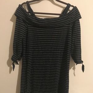 LOFT Off the Shoulder black striped dress